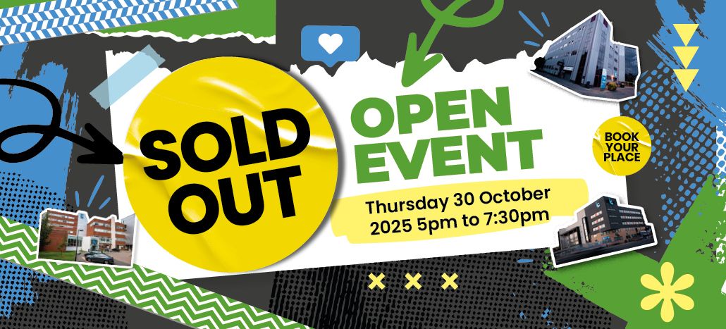 open event in green with october date below. Big yellow circle with black text with SOLD OUT written. In background lots of blue, green, yellow and white scrapbook style graphics