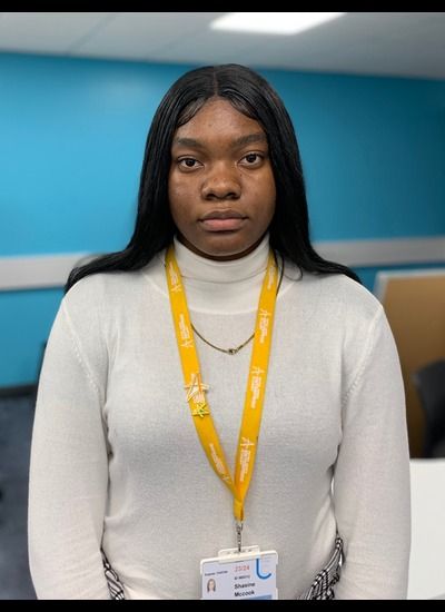 Peter Jones Enterprise Academy Enterprise and Entrepreneurship BTEC Level 3 student, Shazin McCook wearing a lanyard