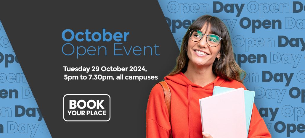 October open day event Tuesday 29 October 2024  book your place Young female with glasses smiling