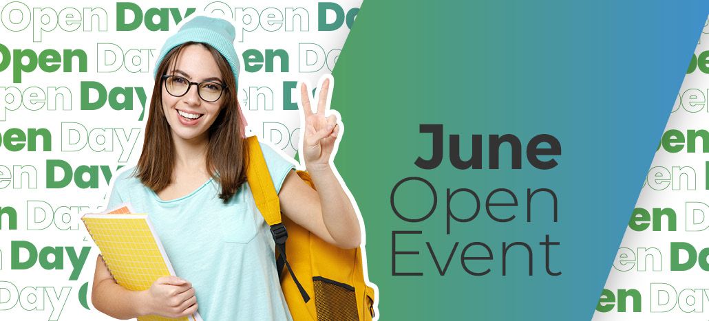Smiling young woman wearing a light blue beanie, glasses, and a yellow backpack, holding a notebook and making a peace sign. The background features repeated text 'Open Day' and a gradient banner with 'June Open Event' written on it.