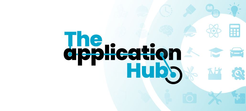 white background with fading blue symbols of the different courses we offer. The text says The application hub