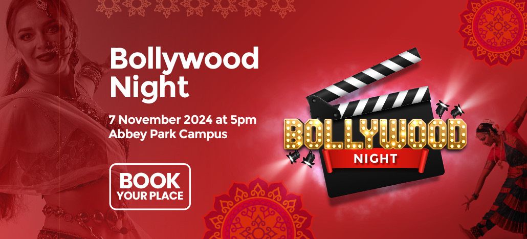 bollywood night with red background including clapper board, bollywood dancers and traditional rangoli art