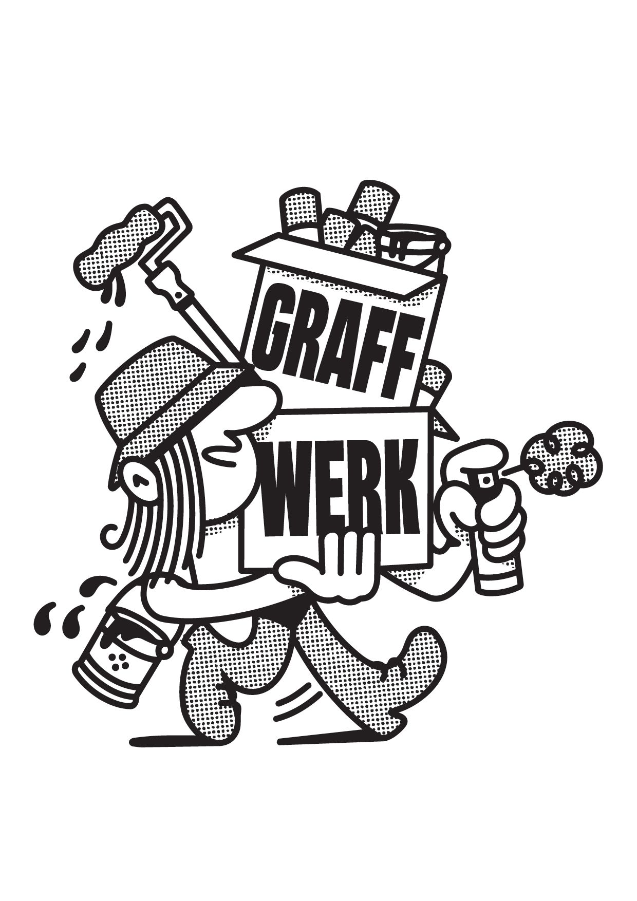 black and white character with bucket hat holding two boxes that say graffwerks, a long paint roller, a spray can and can of paint. All in black and white