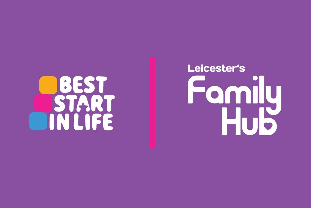 Purple background with best start in life on the left with pink line down the middle then leicester's family hub written in white