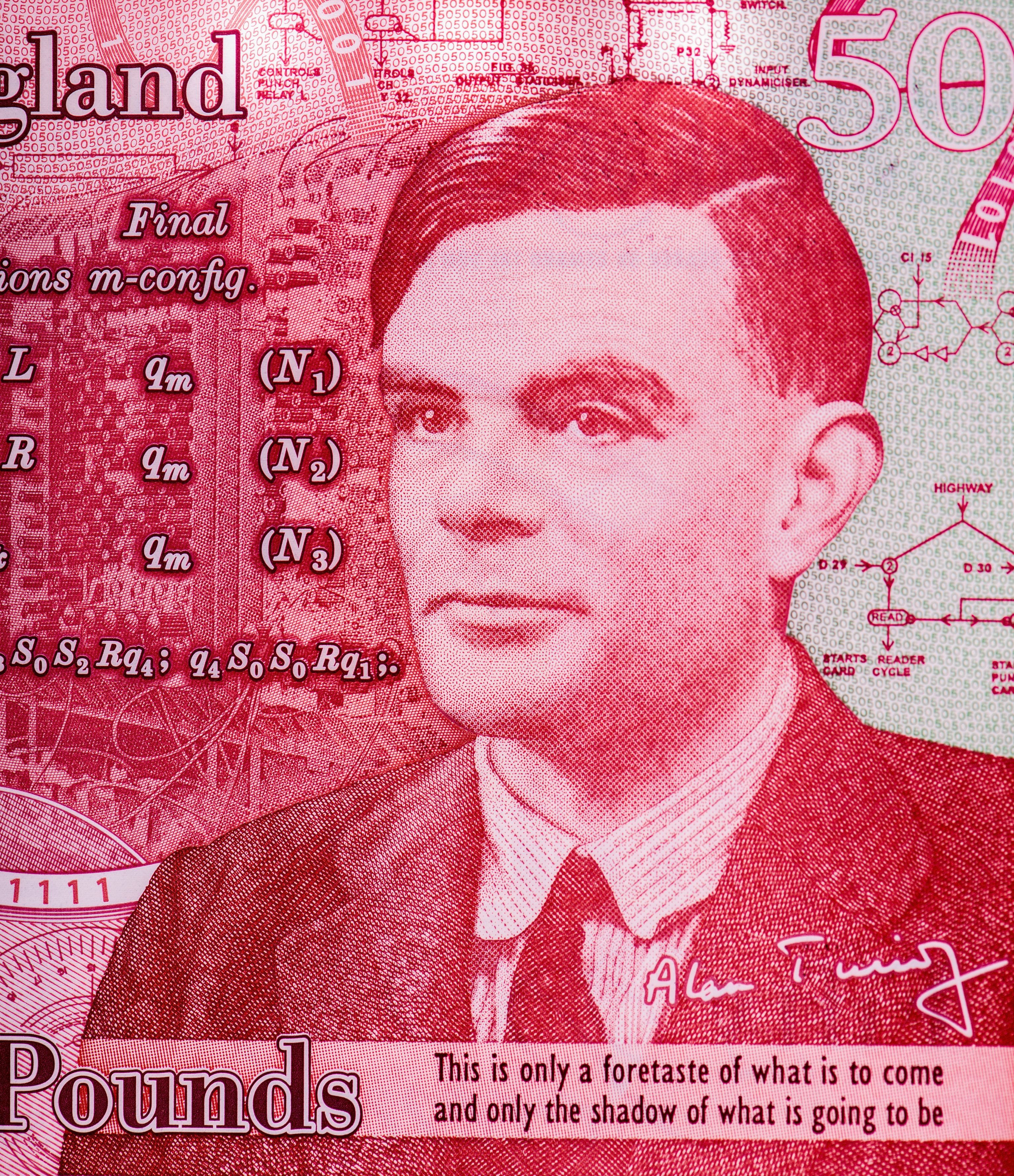 £50 bank note with picture of Alan Turing, code breaker, on it.