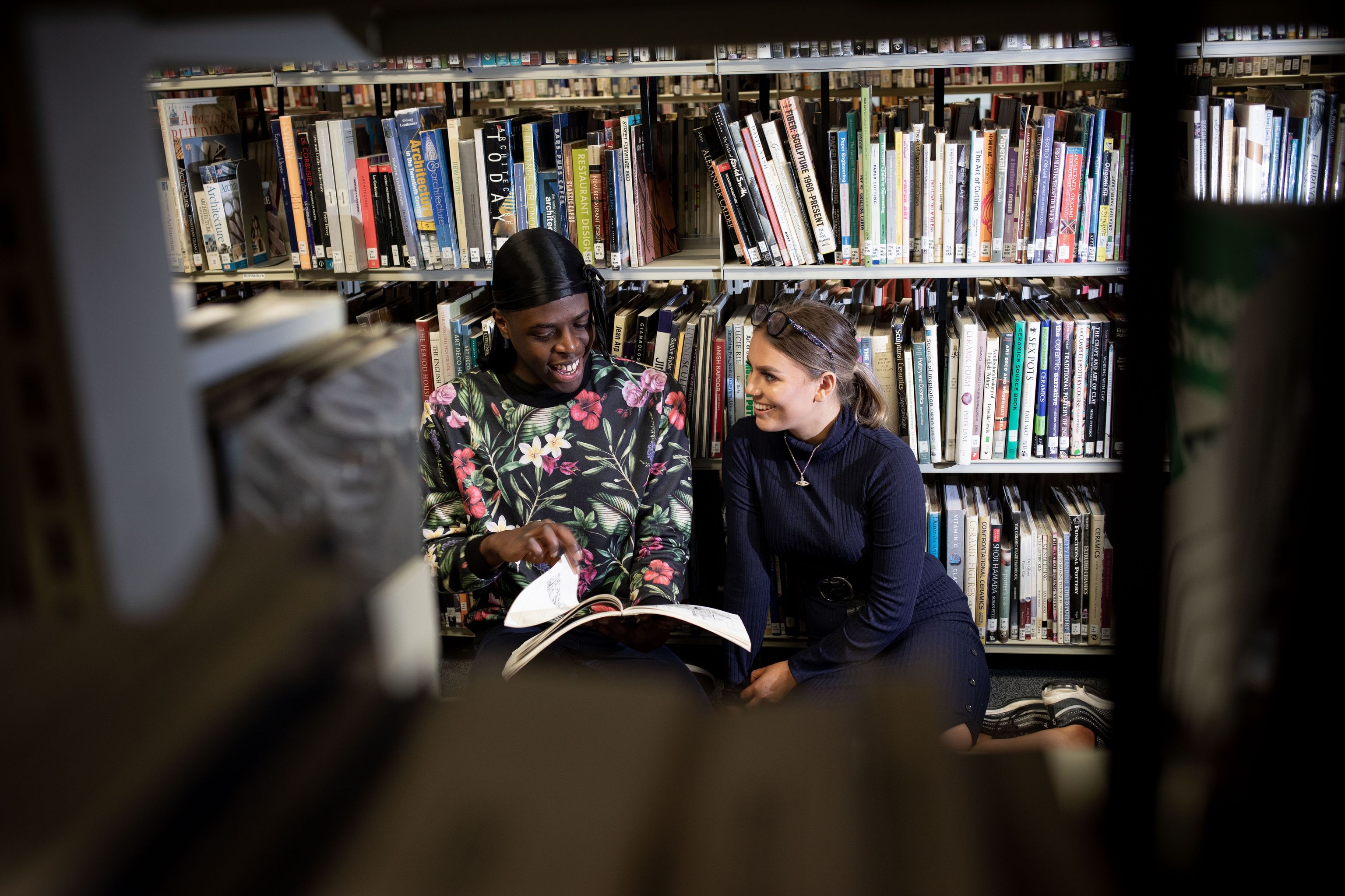 students in library