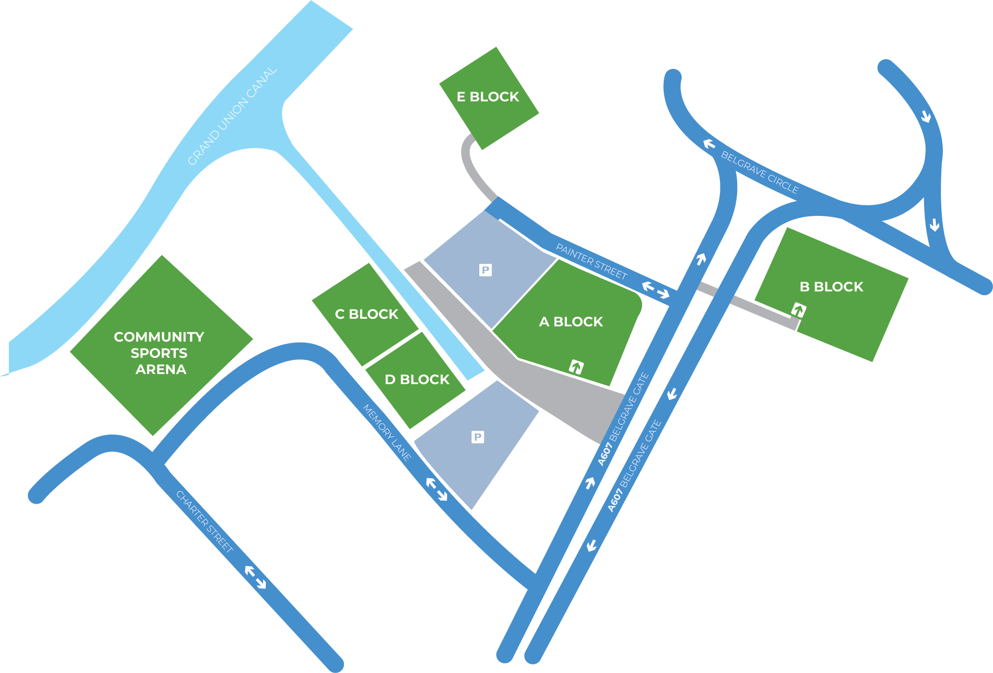 Illustration showing the locations of different buildings at Abbey Park Campus