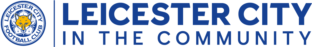 Leicester City Football Club logo with blue text next to it that says Leicester City in the Community.