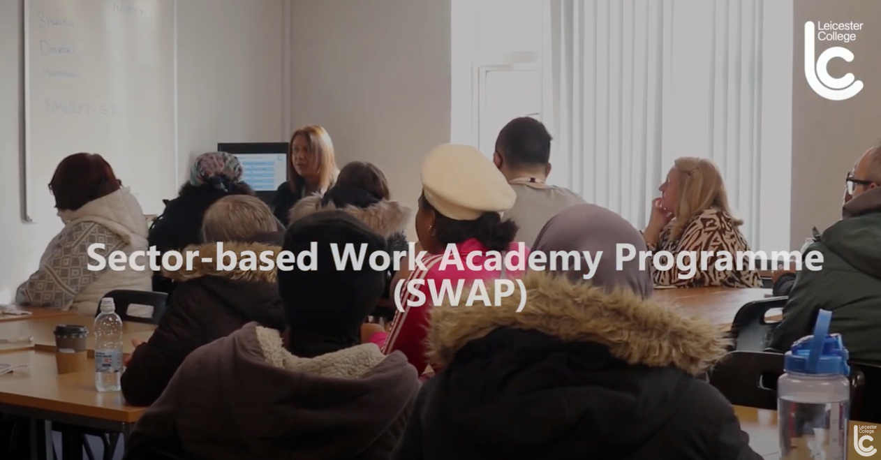 Image of students being taught at the City Skills Centre, with text Sector-based Work Acadmey Programme (SWAP)