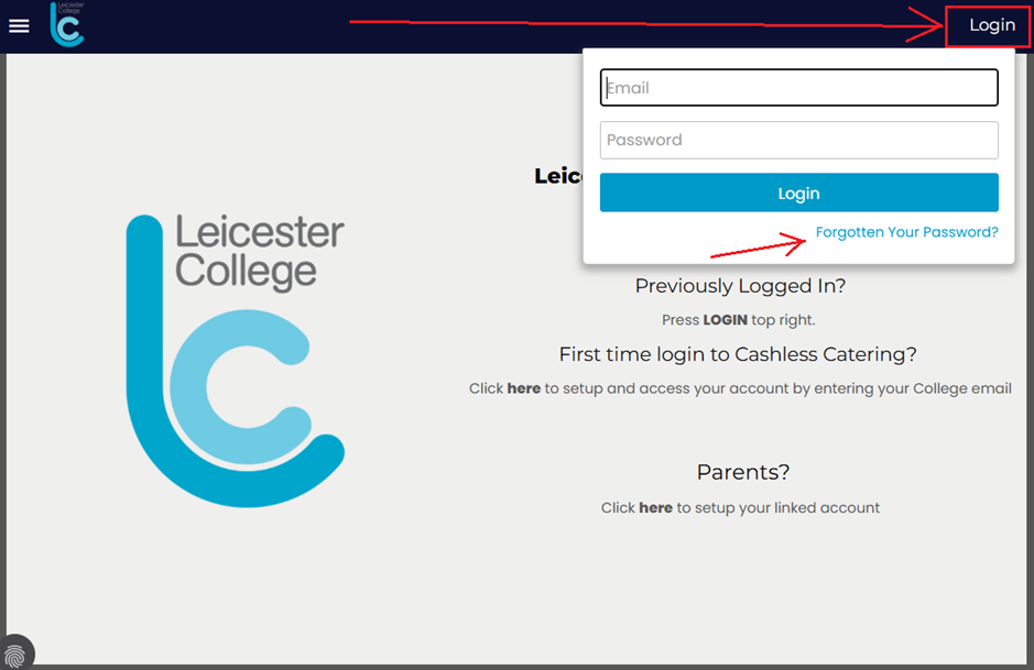 cashless catering login screen