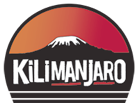 the word Kilimanjaro alongside the bottom of a semi-circle with an image of a mountain in the background of the semi-circle with a sunset filling the top of the semi-circle